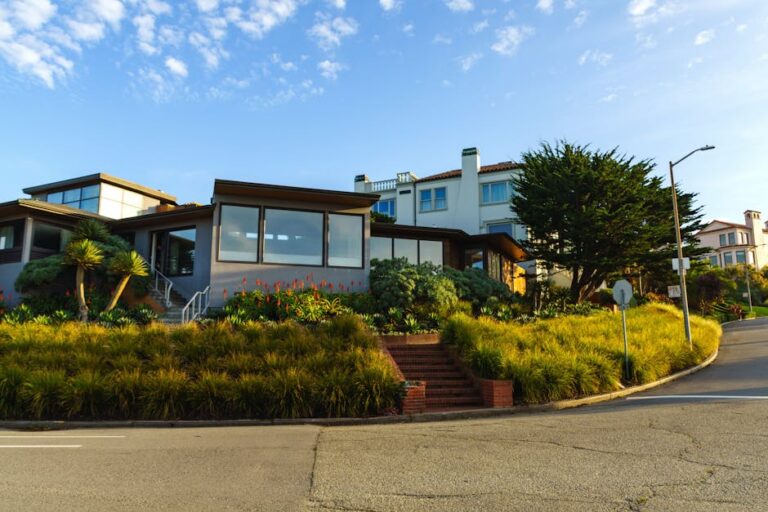 casa em declive com árvore central e suítes